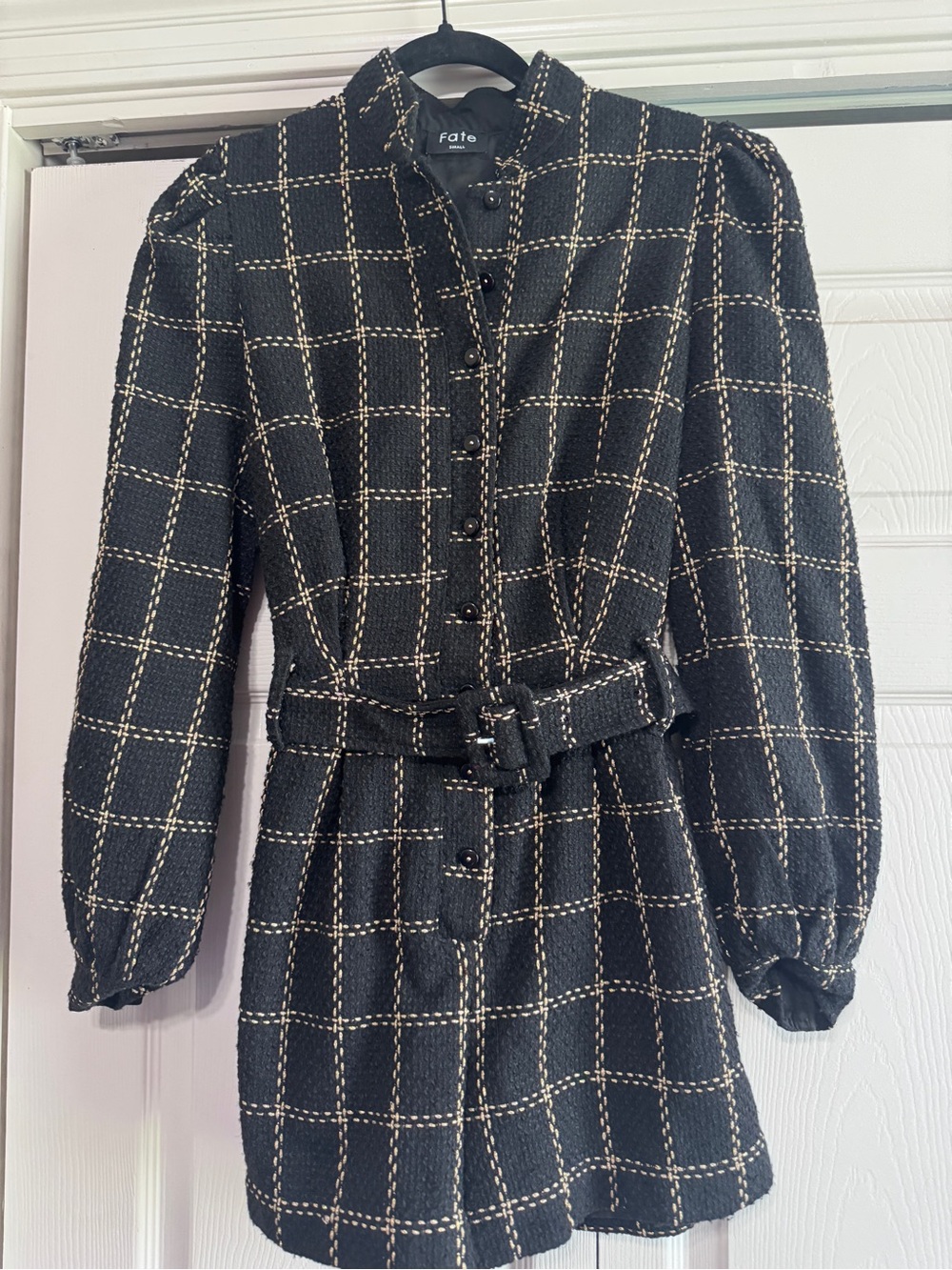 Fate Black & Cream Windowpane Belted Mini Dress